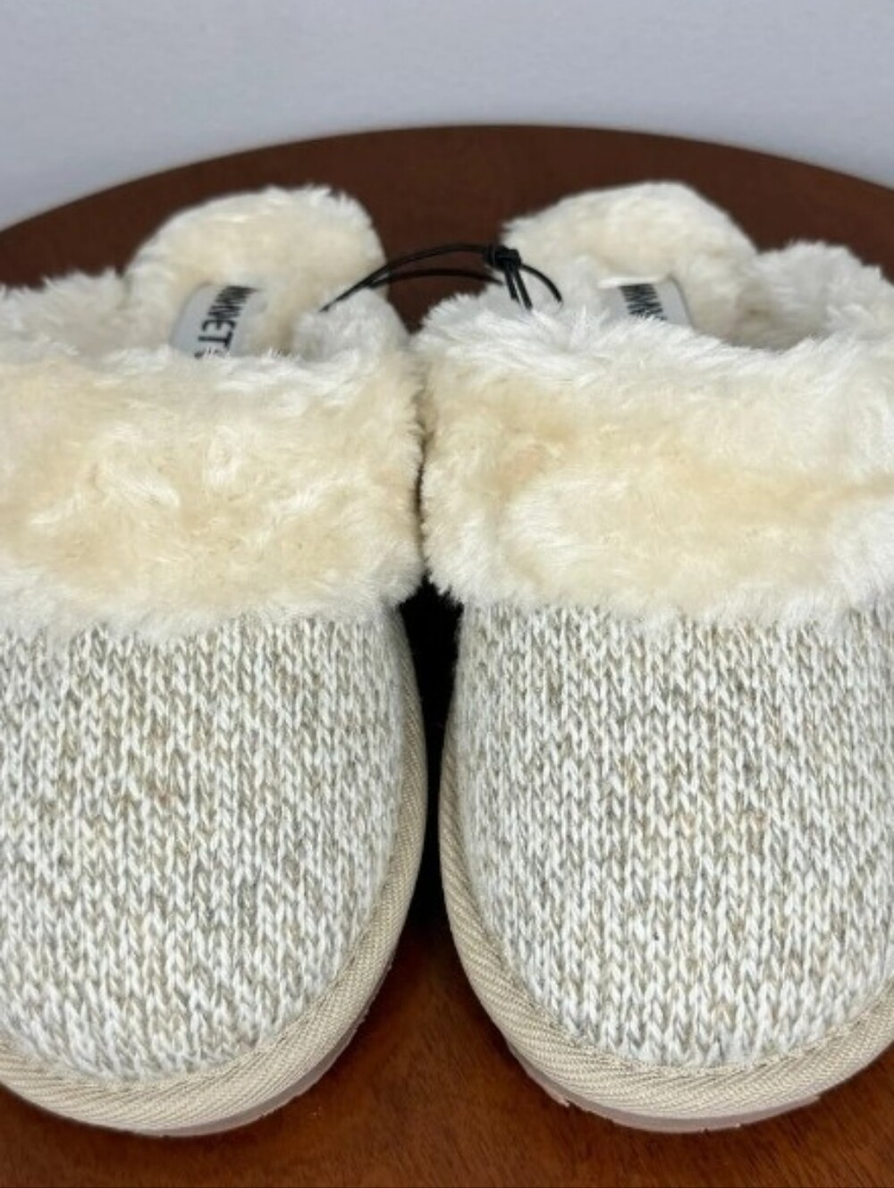 Minnetonka Womens Cream Knit Faux-Fur Lined Slippers Size 8.5